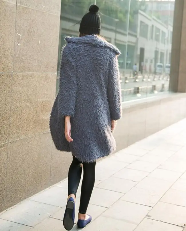Women Casual Turn Down Collar Long Buttons Patchwork Above Knee Solid Sleeve Fuzzy Long Cotton Coat