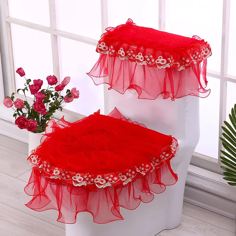 New Lace Bathroom Set Toilet Seat Pad Tank Lid Top Cover Warm Washable Cloth 3PC 