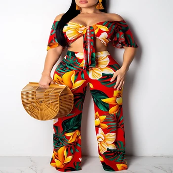 

UK Women Crop Top Stretch Wide Leg Trousers Summer Casual Two Piece Costume Suit Off Shoulder Wide Leg Trousers Playsuit