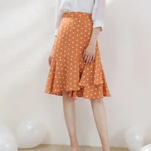 DEAT, осенняя, эластичная, высокая талия, оранжевый, в горошек, с оборками, шифоновая, до колена, средняя юбка для женщин MG426
