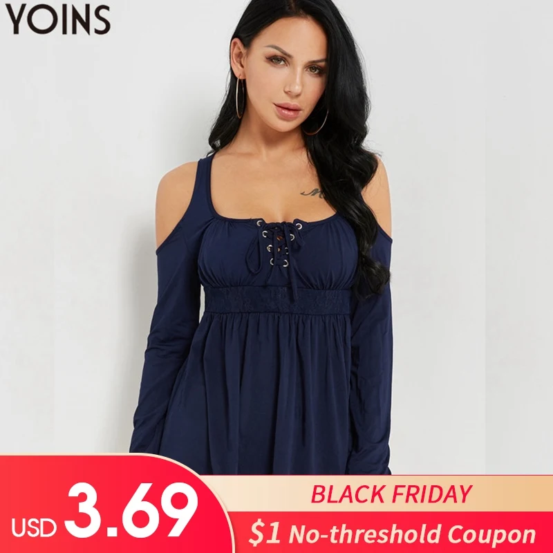 

YOINS Women Sexy Off Shoulder Blouses Shirts 2019 Fall Spring O Neck High Waist Lace-Up Patchwork Long Sleeve Solid Blusas Tops