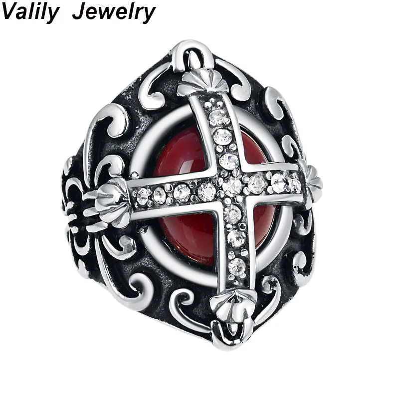 

Valily Punk Cross Ring Stainless Steel Knights Templar Crystals Rings Red Stone Crusader Shield Ring Jewelry For Man