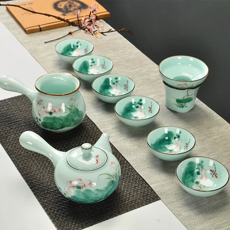 

Pure Manual Hand Celadon Lotus A Complete Set Kung Fu Tea Have Teacup Side Hold Porcelain Ceramics Teapot Teacup