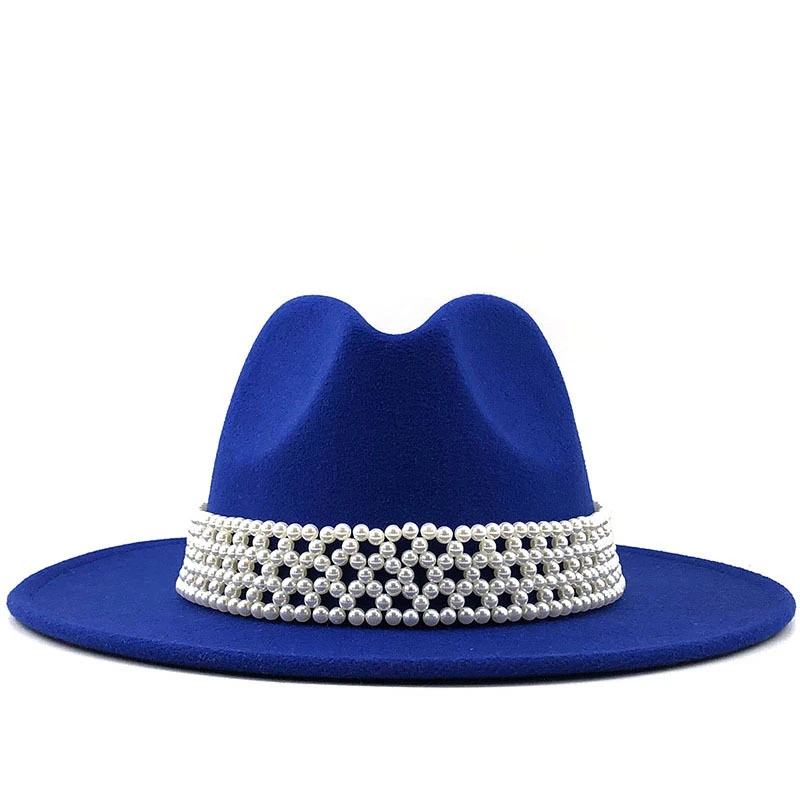 

Women Men white Wool Fedora Hat With Pearl Ribbon Gentleman Elegant Lady Winter Autumn Wide Brim Church Panama Sombrero Jazz Cap