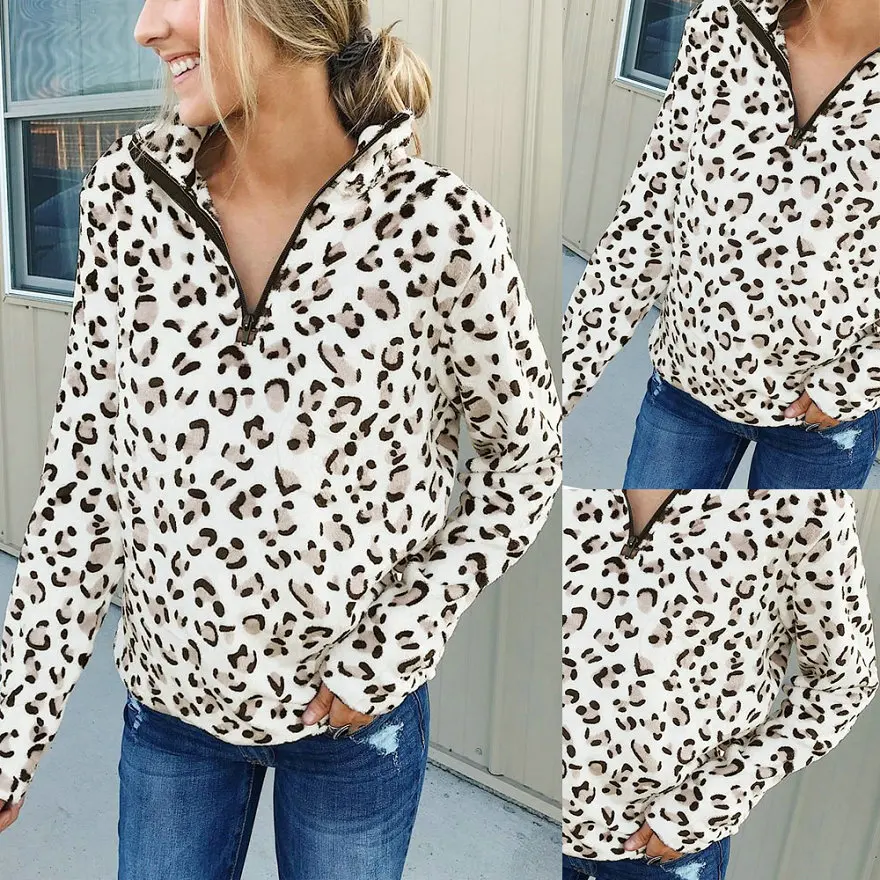

2019 New Womens Jackets and Coats Zippers Full Sleeve V-Neck Leopard Hoodie Coats
