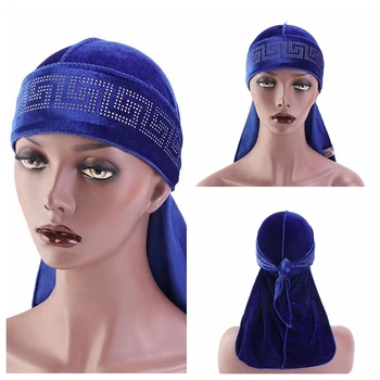 

Patcchwork Rhinestone Flannel Head Cover Hat Hair Coloring Long Tail Pirate Cap Round Men‘s Luxury Velvet Durags Hip Hop Bandana