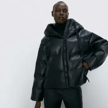 

ZA 2019 New Winter Jacket Women Coat Fashion Black Hooded Jacket Casual Tops Long Sleeve PU Leather Coats Thick Warm Clothes