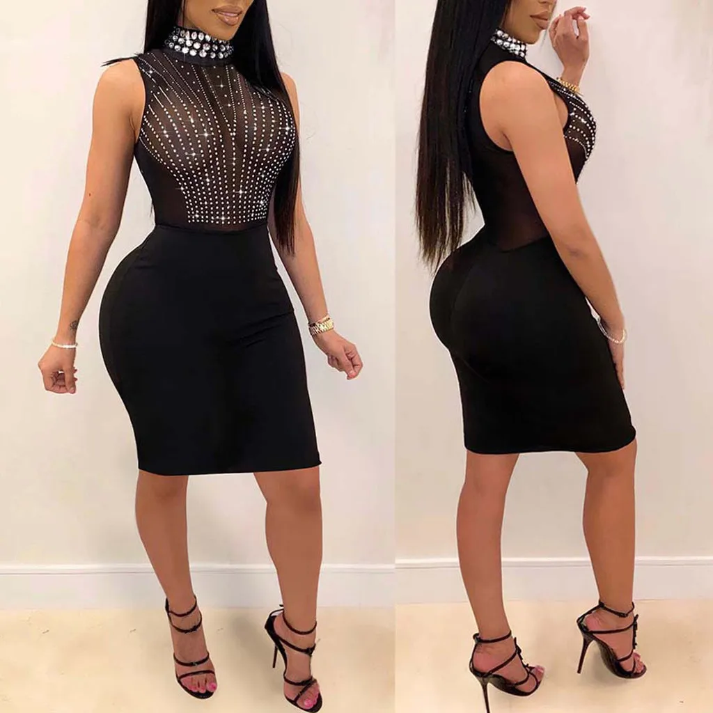 Rhinestone Mesh Sheer Sexy Bodycon Midi Dress Women Fall 2020 Long Sleeve Turtleneck Tight Dresses Woman Party Night Club | Женская