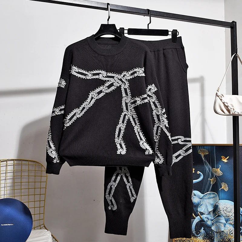 

Black Knitted Set Women Tracksuits Handwork Beading Chain Print Sweater Long Pants Two Piece Outfits Female Loose Knitting Suit