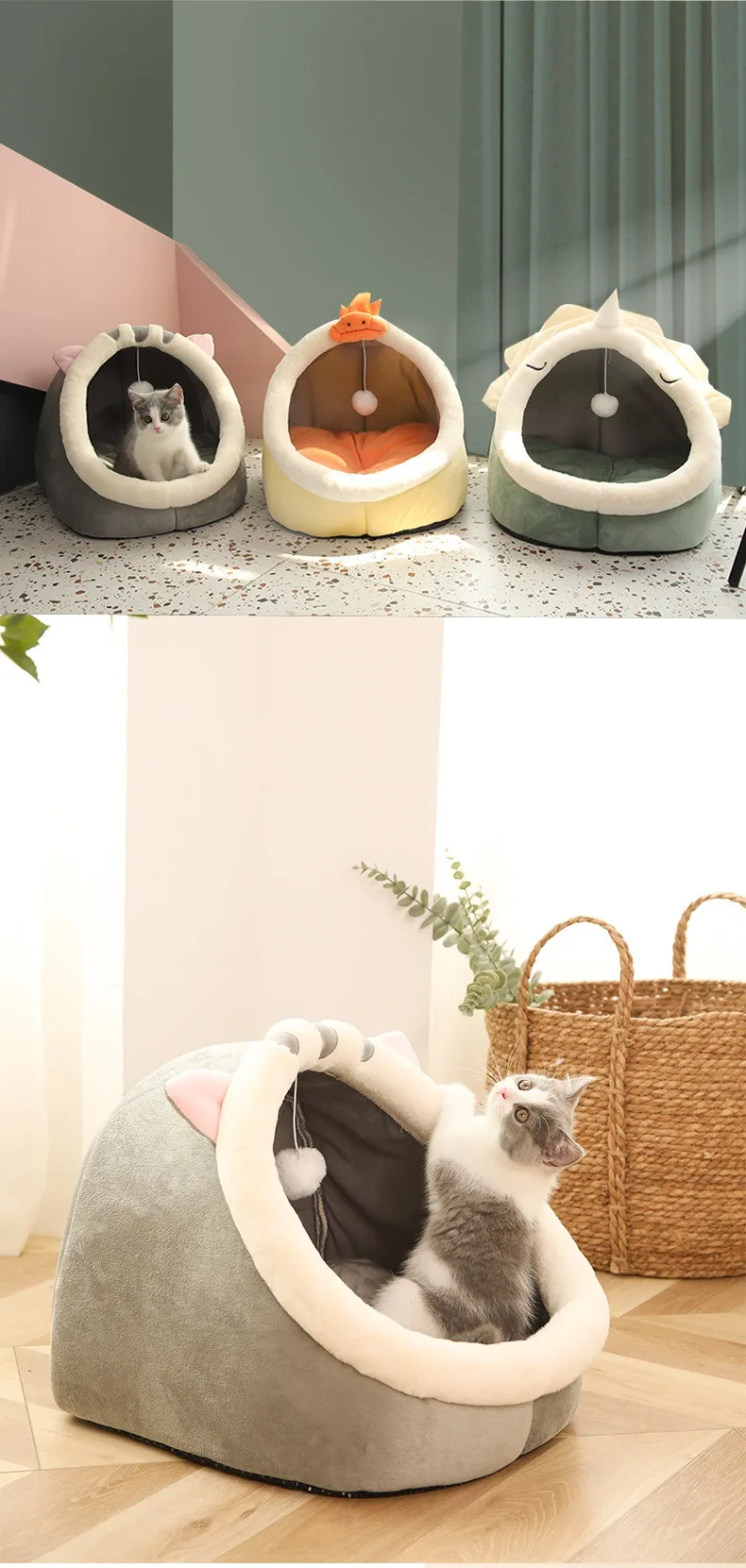 Cute Cat Bed Warm Pet Basket Cozy Kitten Lounger Cushion Cat House Tent Very Soft Small Dog Mat Bag For Washable Beds For Cats