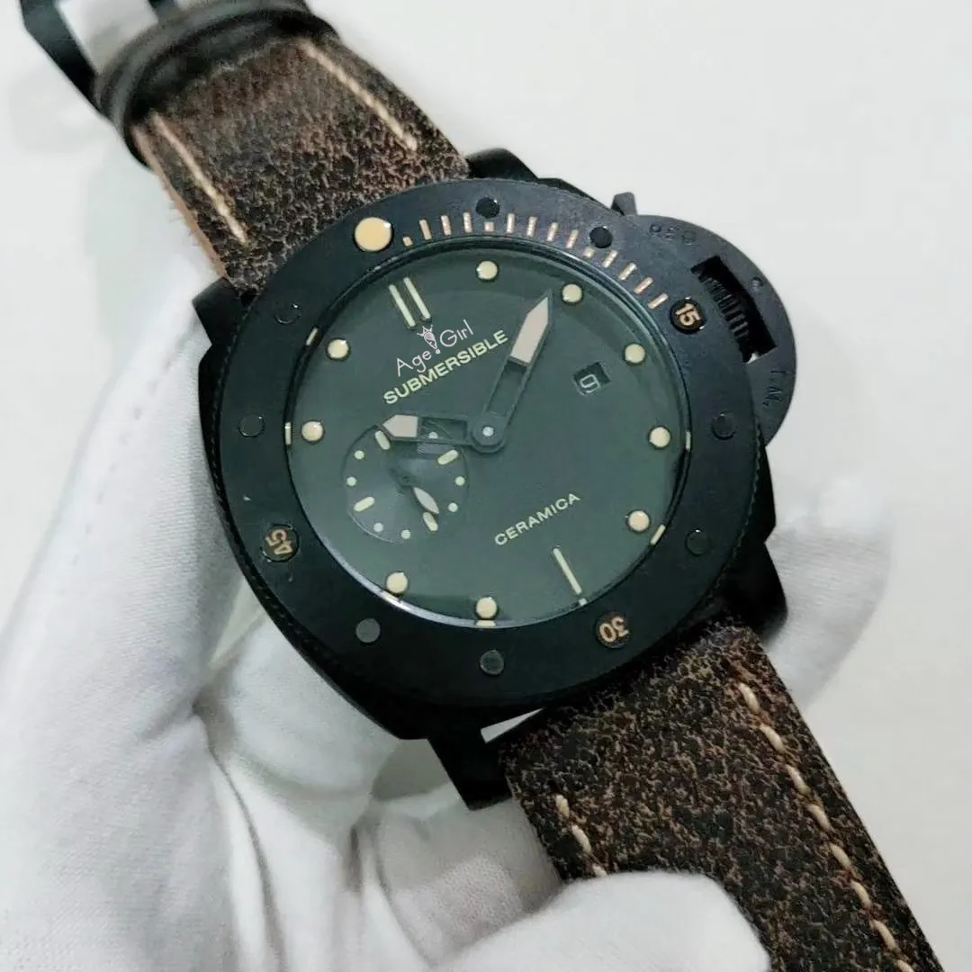 

Luxury Brand New Men Automatic Mechanical Full Black Case Stainless Steel Ceramic Aged Brown Cow Leather Luminous Watch Limited