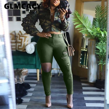 

Women Skinny Ripped Jeans Denim Pencil Pants Casual Trousers Black Green Stretch Elegant Jeans