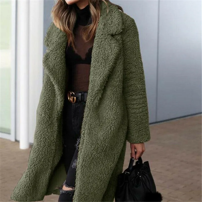 

Ladies Lapel Coat Teddy Bear Coat Faux Fur Fleece Jacket Overcoat Long Parka Ladies Winter Solid Warm Parkas Outwear Clothing