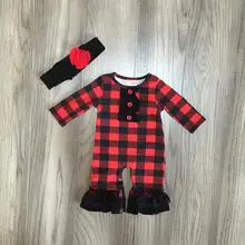 Рождество красный черный плед для маленьких девочек детская одежда молочный шелк малыша Хлопок бутик детской одежды Ползунки с оборками матч головные уборы