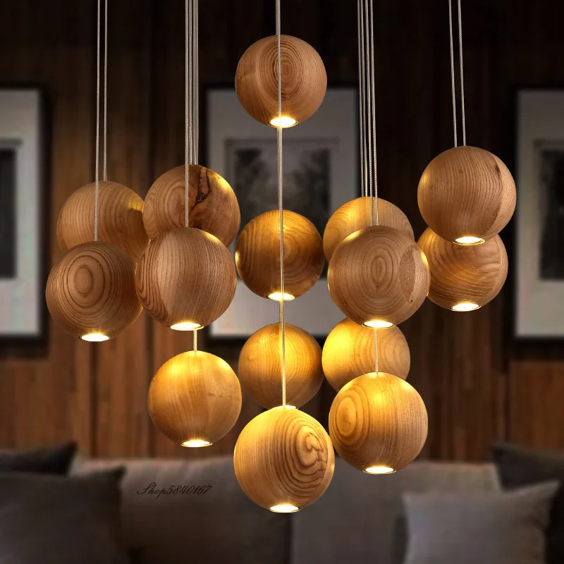 American Retro Wooden Pendant Light Minimalist Globe Light Fixture Loft Restaurant Cafe Bar Light Dining Room Decor Led Hanglamp