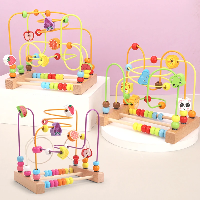 Baby Toddler Wooden Beads Stringing Toys Early Educational Nesting Toys