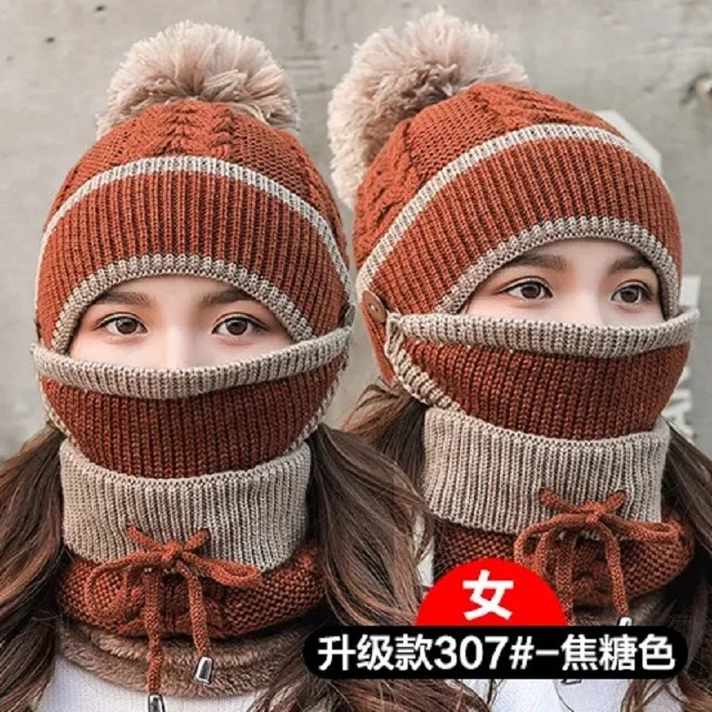 Осень и зима теплая шерстяная вязаная шапка плюс бархат утолщение Велоспорт зимне наушники шапка шарф маска три части женский - Цвет: see chart