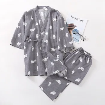 

Summer Kimono Trousers Lounge Wear Couple Pajamas Suit Women's Cotton Gauze Thin Printed Loose Home Clothes Pigiama Donna