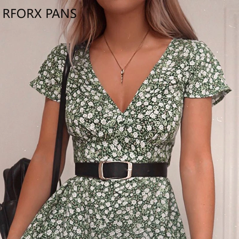 Women V-Neck Short Sleeve Floral Print Dress  Bodycon Sexy Party Dress