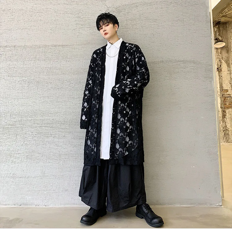 Мужская и женская уличная одежда, готическое японское кимоно, ветровка, пальто для мужчин, вышивка, кружево, Свободный Повседневный длинный кардиган Тренч, куртка