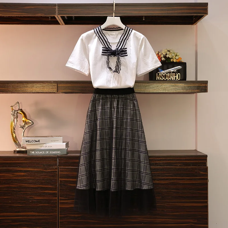 

Summer 2019 Big Size Female Wear Fat Sister Fashionable Slender Mesh Splicing Half-length Skirt Two-piece Set