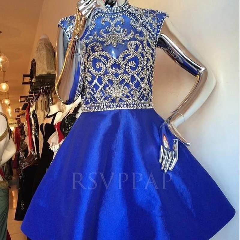 

Short Prom Dresses 2020 Real Picture Stunning Beaded Handwork Top Sleeveless A-line Royal Blue African Girl Prom Dresses