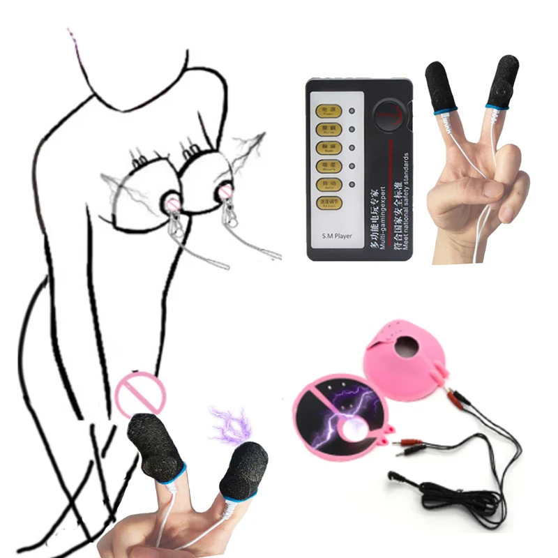 BDSM Electric Shock Nipple Clamp Breast Paste Pads Electrical Finger Gloves Vaginal Sex Orgasm Flirting Toys for Female Couples