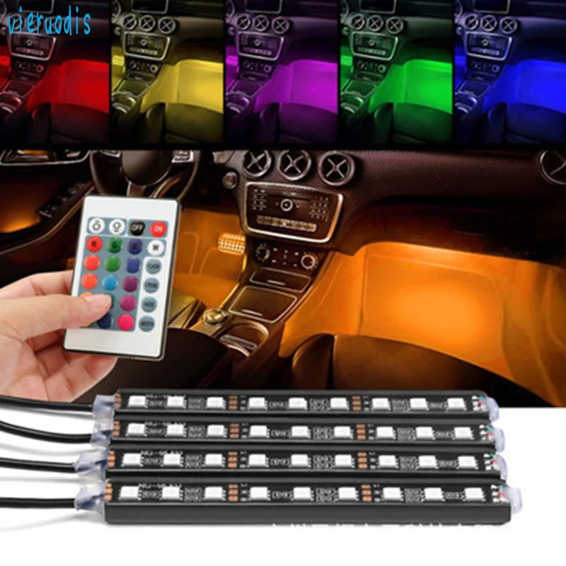 

Vierudios 4pcs Car RGB 9 LED Strip Light Car Atmosphere Light Interior Light USB Lighter Colorful with Remote 12V