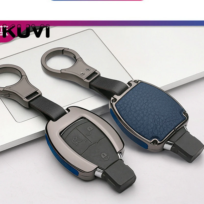 black blue Alloy Leather Car Key Case Cover Key Holder Chain Ring For Mercedes Benz W203 W210 W211 W124 W202 W204 AMG - Color Name: black blue