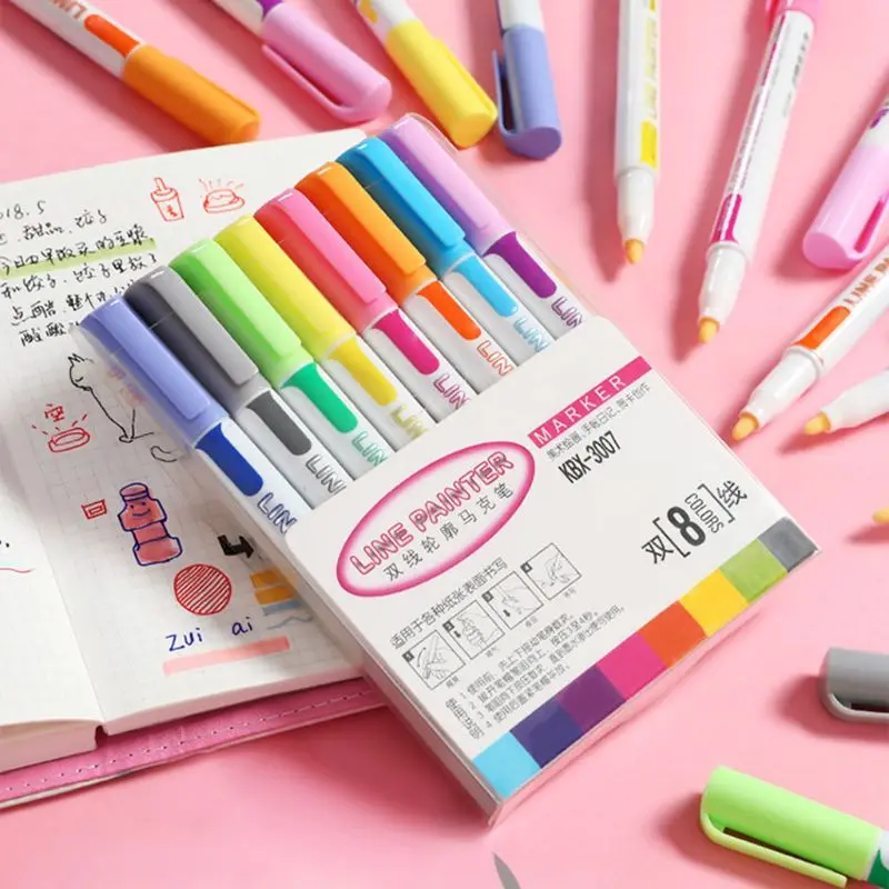 8 Pcs Colored Double Line Pen Drawing Outline Highlighters Fluorescent Marker