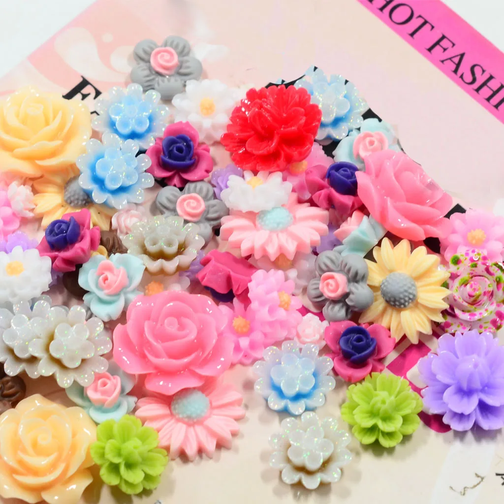 50 Pack Colored Assorted Flat Back Resin Flower Cabochon Craft DIY Hairpin Headwear/Phone Case/Scrapbooking/Decoden Pieces