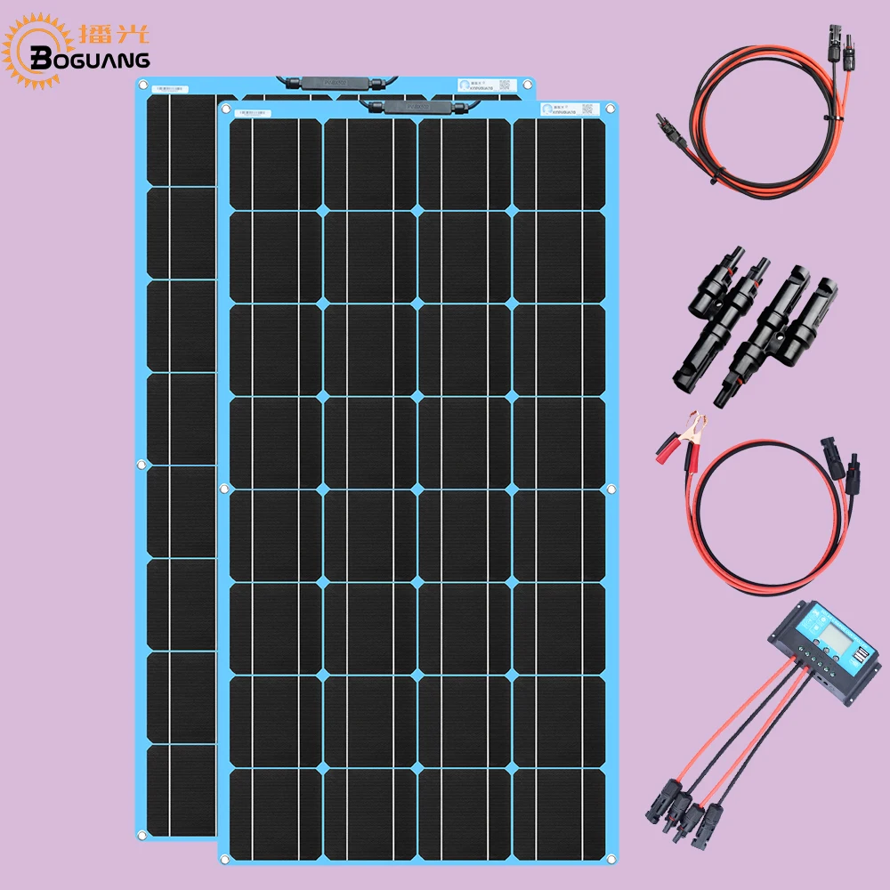 

200 Watt (2pcs 100 W) Solar Panel Complete Off-Grid RV Boat Kit with Charge Controller + Cable for Home Car RVs Battery Charging