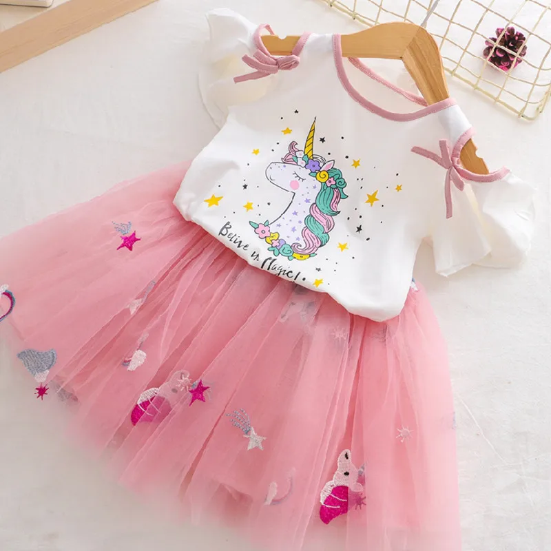 New Summer Brand Girls Dress Girls Clothes Flying Sleeve Design Baby Girls Dress Kids Dresses For Girls Casual Wear 3 8 Y - Цвет: Unicorn white