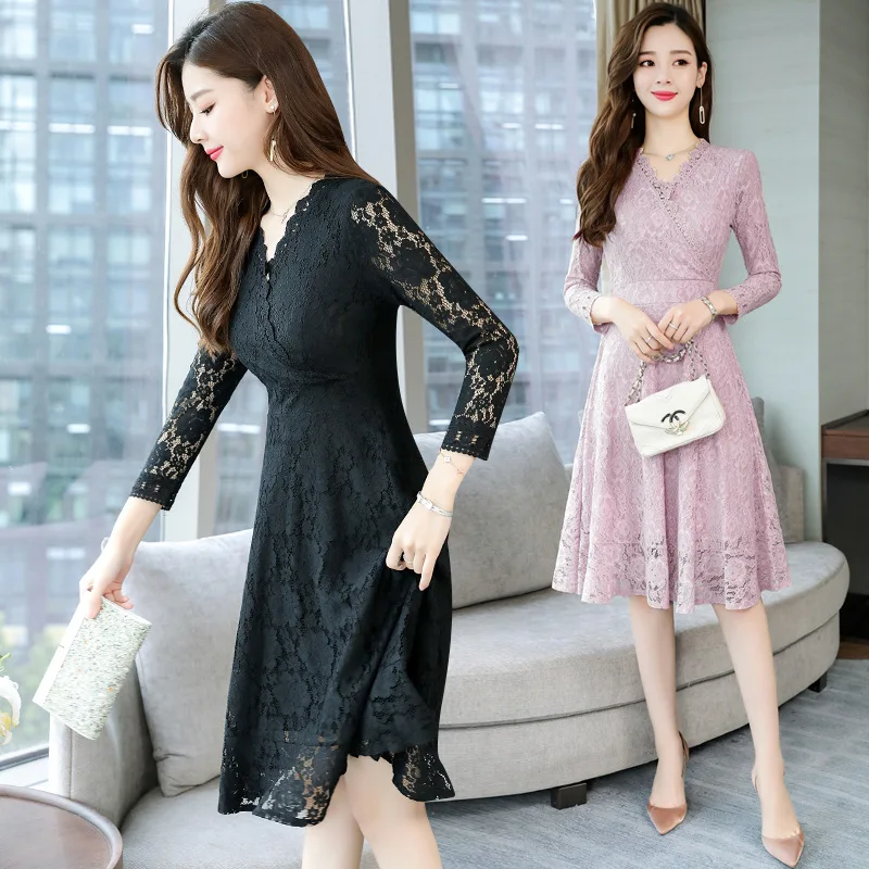 

2019 Spring New Style Korean-style Lace Dress Women's Long-Sleeve Slim Fit Slimming Underwear Base Skirt Long Skirts