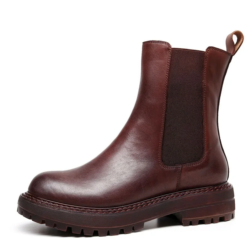 US $49.36 Drkanol Autumn Winter Women Boots 2020 Handmade Genuine Leather Slip On Chelsea Boots Women MidCalf Casual Platform Warm Boots