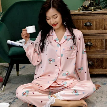 

Lisacmvpnel Satin Chiffon Sweet Women Pajama Set Long Sleeve Lace Twinset Printed Pajamas
