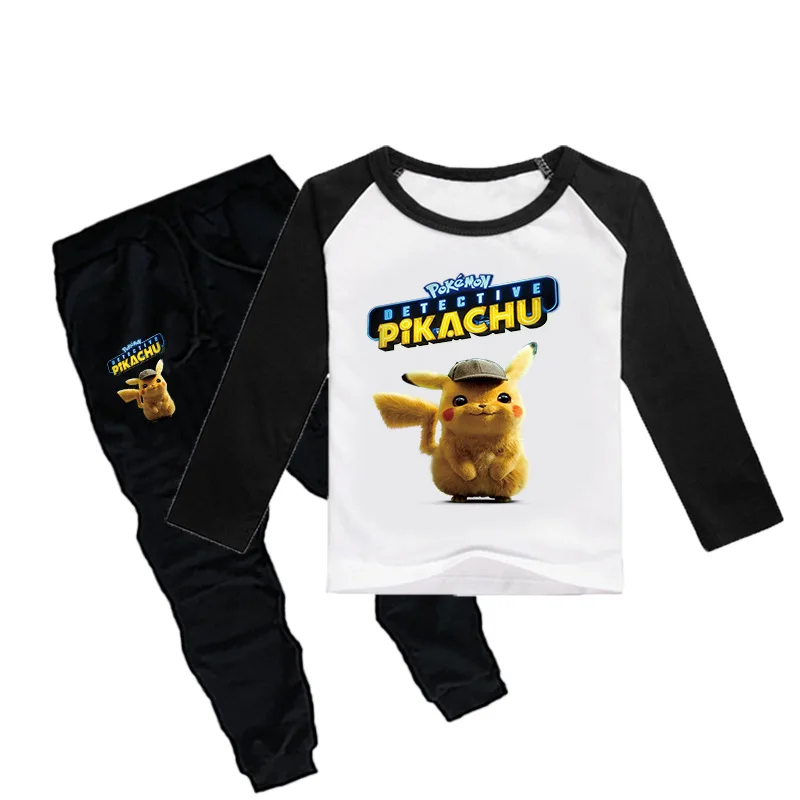 POKEMON GO Detective Pikachu/детская одежда для мальчиков и девочек осенний Свитшот комплект из 2 предметов, хлопковые спортивные толстовки с длинными рукавами и рисунком, Комплект футболок - Цвет: s0557-0352