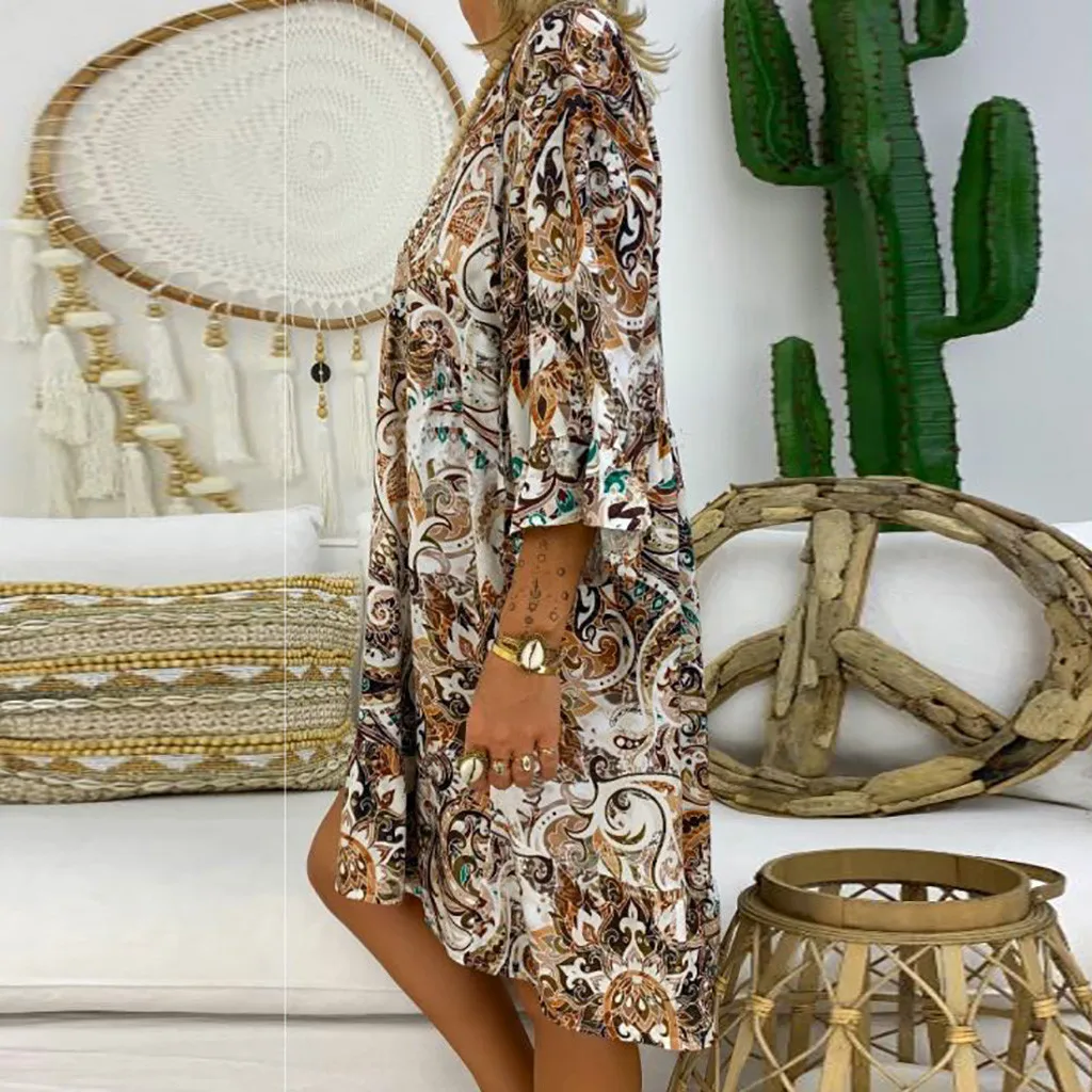 С длинным рукавом на лето свободное платье тонкий Boho Пляжные наряды Для женщин Туника Повседневное галстук-бабочка с v-образным вырезом платье миди с цветочным принтом размера плюс 5XL