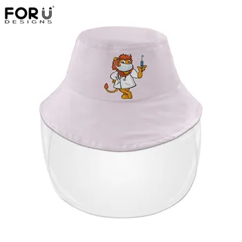 

FOURDESIGNS Cartoon Bear/Lion Doctors Print Female Outdoor Cute Pink Nursing Tops Anti-UV/wind Bucket Hats Fisherman Sunhat