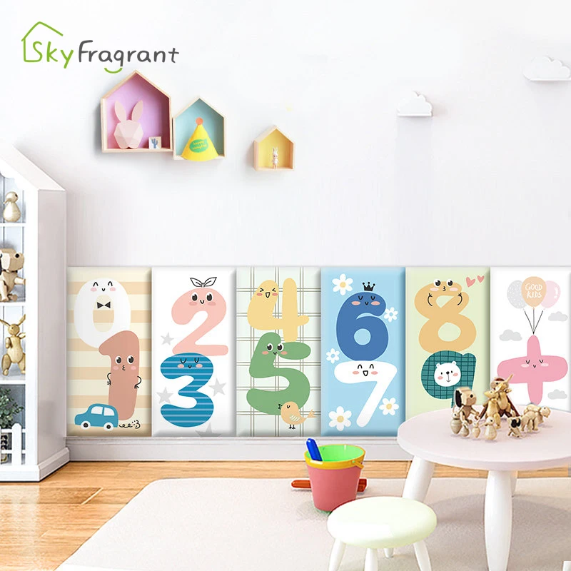 Self Adhesive 3D Soft Wall Stickers For Kids Room Wall Decoration Cartoon Digital Foam Anti-collision Home Wall Skirting Sticker