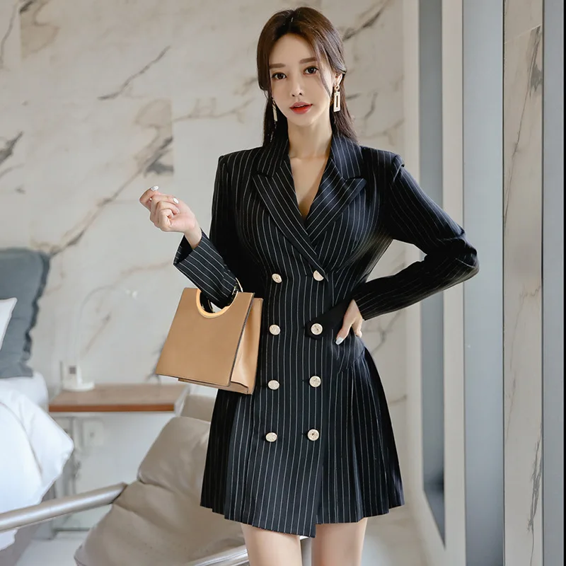 

WOMEN'S Dress 2019 Autumn Clothing New Style Fashion Fold-down Collar Stripes Double Breasted Pleated Suit A- line Dress