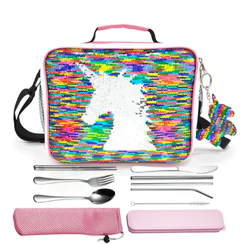 

Funny Reversible Sequin Unicorn Lunch Bag Food Storage Bag Picnic Lunch Box Container With Tableware Set For For Women Kids Gift