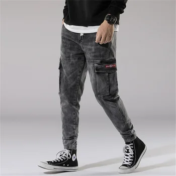 

Free Shipping Spring / Summer 2020 New Men's Mid-Waist Harem Ankle-Length Jeans Bottom Stretch Elastic Multi-Bag Overall