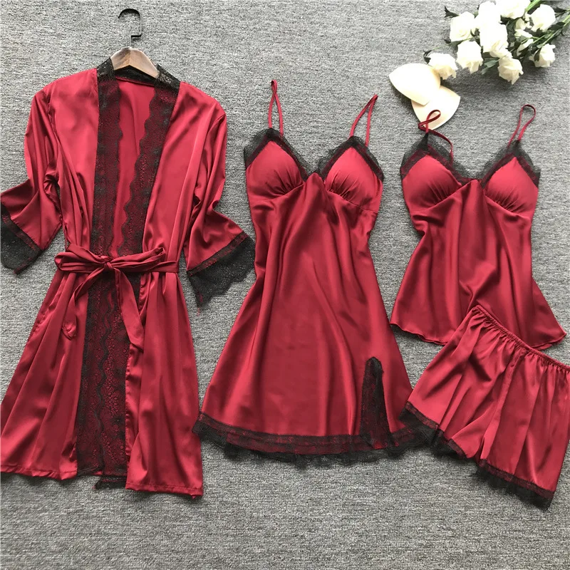 Online QWEEK verano 2019 conjuntos de Pijama para mujer 4 Uds Sexy Pijama de encaje para mujer satén seda ropa de dormir elegante Pijama con almohadillas para el pecho ropa de casa
