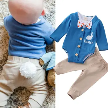 

Baby Boy Easter Outfit My First Easter Day Long Sleeve Bowtie Long Sleeve Rompers Pants Set 3PCS Cotton Clothes for Boys