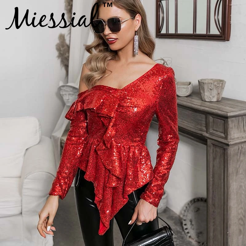 Miessial, красные женские рубашки с v-образным вырезом и блестками, сексуальный короткий топ с оборками, Женская мода осень-зима, элегантная женская рубашка, блузка