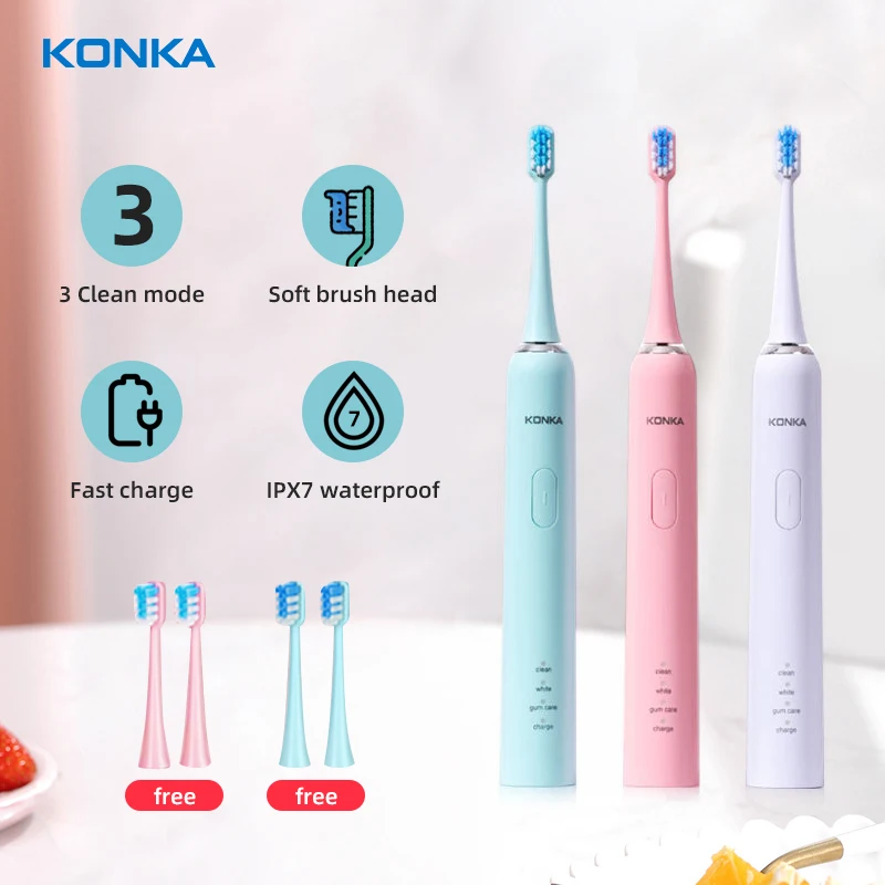 Электрическая зубная щетка KONKA IPX7 с 2 сменными насадками зарядка от USB Глубокая