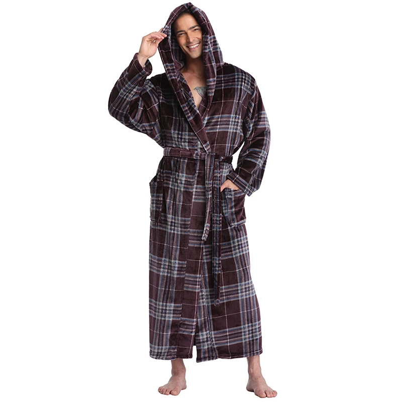 mens cotton pajama pants Witbuy Men Lacing Kimono Bathrobe Winter Solid Long Robe With Pockets Thick Warm Hooded Sleepwear Nightgown Male Loose Homewear cotton pajamas for men