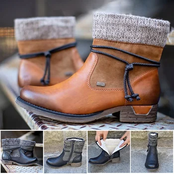 

Winter Women Basic Ankle Boots Female Round Toe Zipper Platform Warm Lace Up Plush Boots TC21
