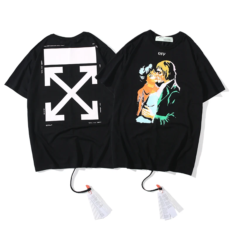 Kiss character масляная живопись 19ss Off-White Мужская/Женская модная парная влюбленная модель хлопковая Повседневная футболка с коротким рукавом и круглым вырезом